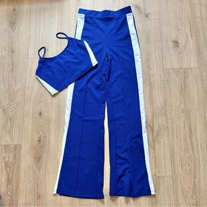 Forever 21 Sporty Matching Two Piece Set Navy Blue White Stripe Wide Flare Pants